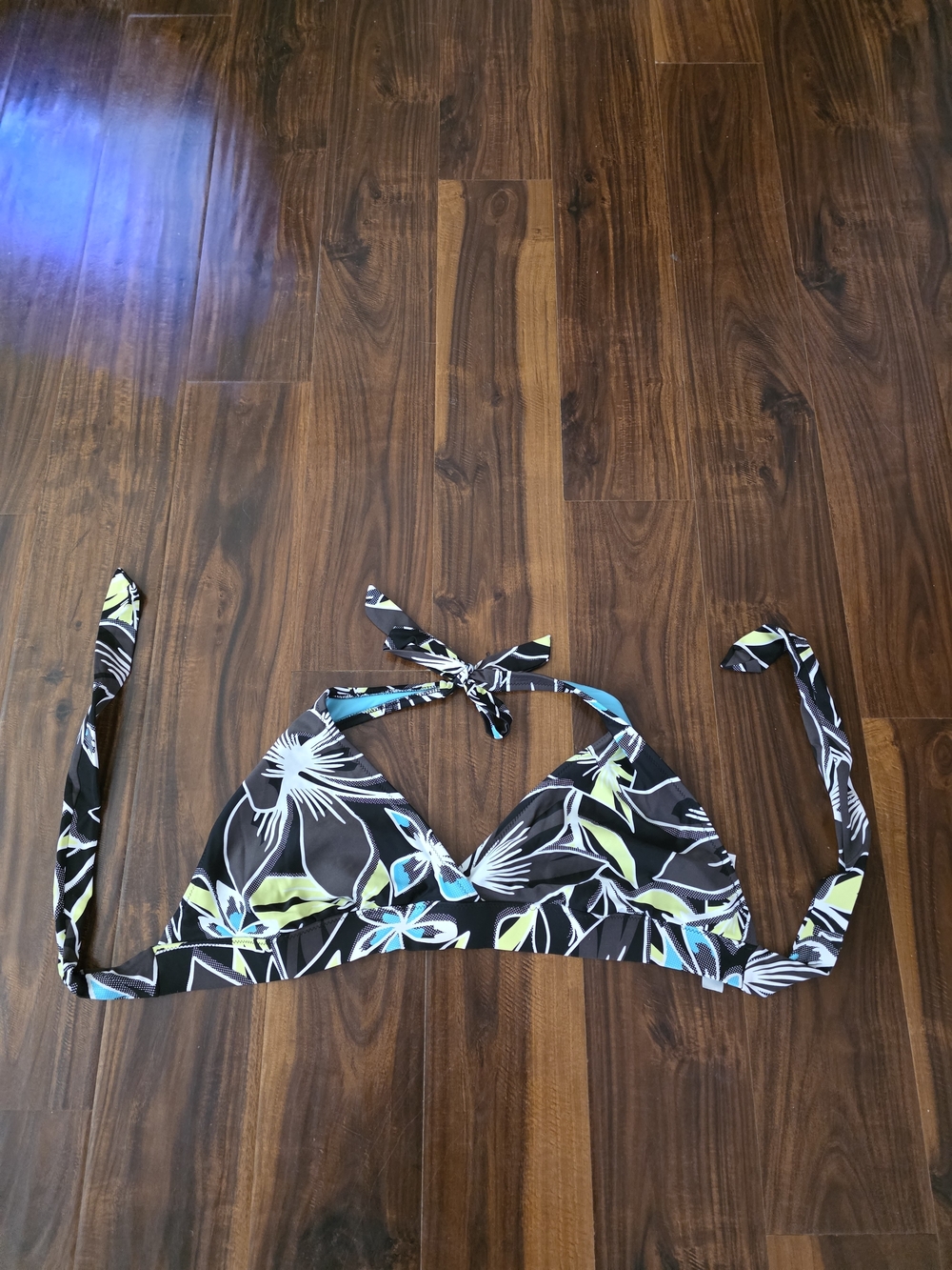 Floral Black Halter Bikini Top with Blue & Lime Accents